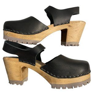 MIA "Sofia" Clog Platform Sandal Black Leather with Wood Heel